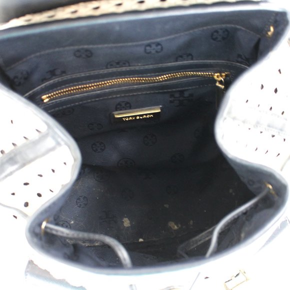 Tory Burch Navy Piper Backpack Woven Blue White Saffiano Leather - Picture 8 of 9